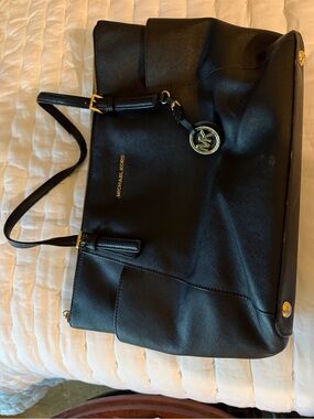 Michael Kors Black Leather Tote with Gold Accent Charm